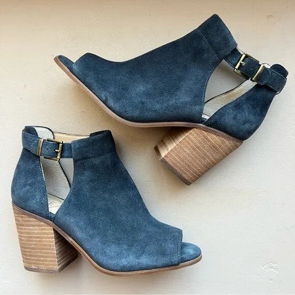 Sole Society Blue Suede So-Ferris Open Toe Bootie Sandals Block Heel Size 7.5