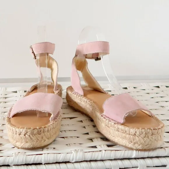 Soludos Pastel Pink Suede Leather Ankle Strap Platform Espadrille Sandals 7.5