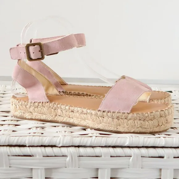 Soludos Pastel Pink Suede Leather Ankle Strap Platform Espadrille Sandals 7.5