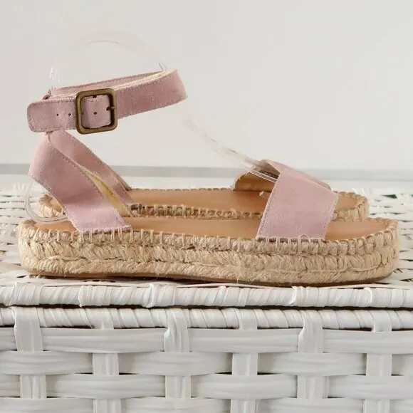 Soludos Pastel Pink Suede Leather Ankle Strap Platform Espadrille Sandals 7.5