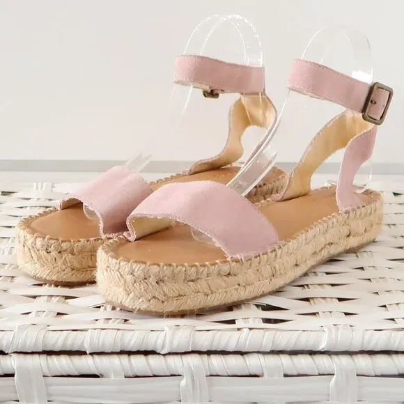 Soludos Pastel Pink Suede Leather Ankle Strap Platform Espadrille Sandals 7.5