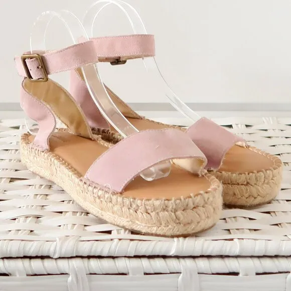 Soludos Pastel Pink Suede Leather Ankle Strap Platform Espadrille Sandals 7.5