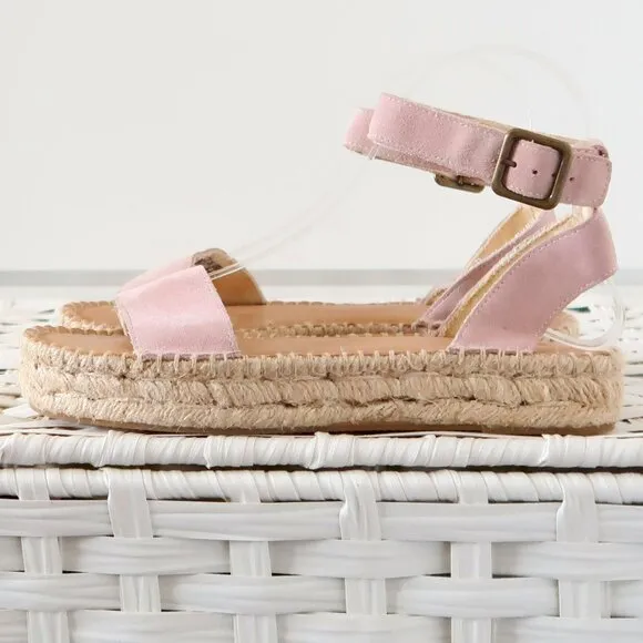 Soludos Pastel Pink Suede Leather Ankle Strap Platform Espadrille Sandals 7.5