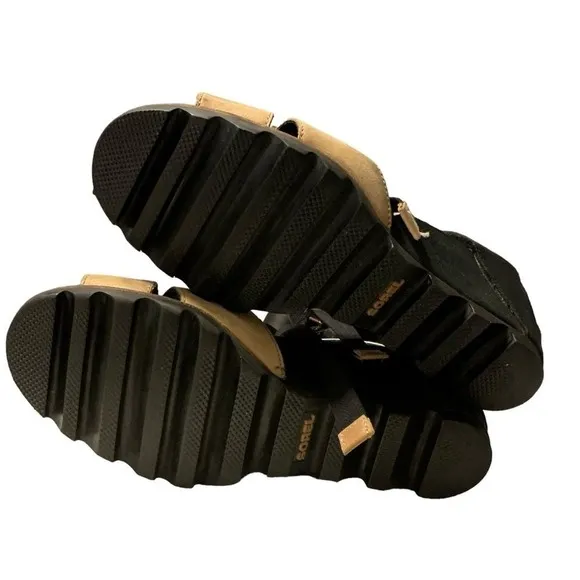 Sorel Ankle Wrap Joanie Leather Wedge Sandals Size 10 black tan