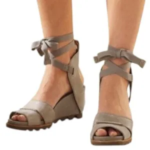 Sorel Ankle Wrap Joanie Leather Wedge Sandals Size 10 black tan