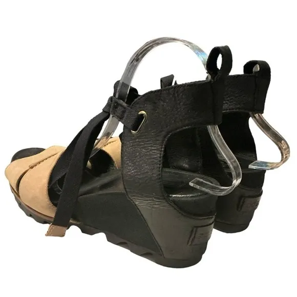 Sorel Ankle Wrap Joanie Leather Wedge Sandals Size 10 black tan