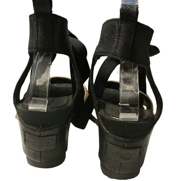 Sorel Ankle Wrap Joanie Leather Wedge Sandals Size 10 black tan