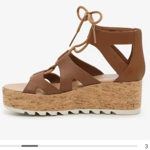SOREL Cameron Flat Form Lace Wedge Cork Sandals Brown Womens 6 NWOT