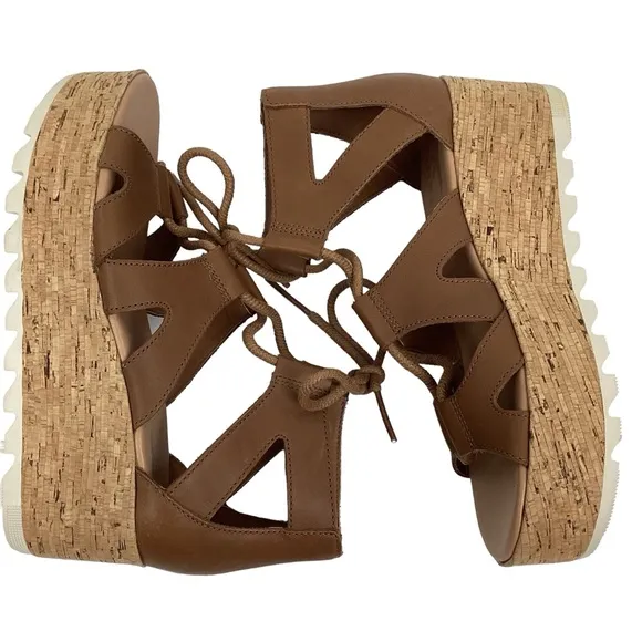 SOREL Cameron Flat Form Lace Wedge Cork Sandals Brown Womens 6 NWOT
