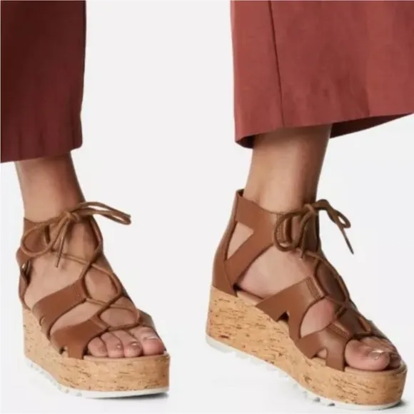 SOREL Cameron Flat Form Lace Wedge Cork Sandals Brown Womens 6 NWOT