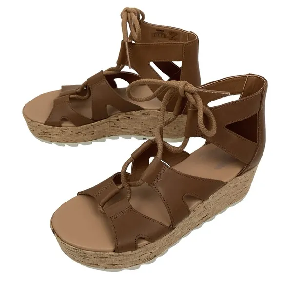 SOREL Cameron Flat Form Lace Wedge Cork Sandals Brown Womens 6 NWOT