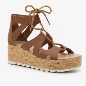 SOREL Cameron Flat Form Lace Wedge Cork Sandals Brown Womens 6 NWOT
