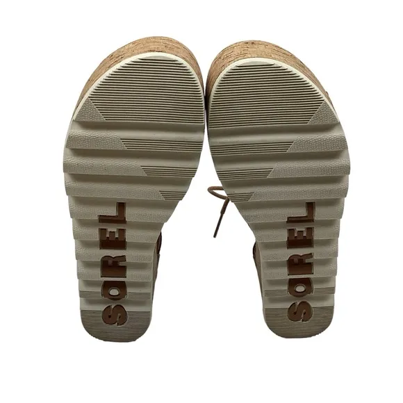 SOREL Cameron Flat Form Lace Wedge Cork Sandals Brown Womens 6 NWOT
