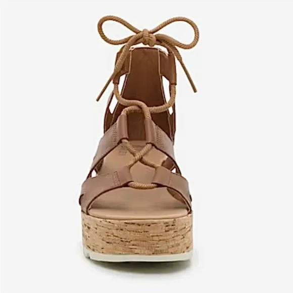 SOREL Cameron Flat Form Lace Wedge Cork Sandals Brown Womens 6 NWOT