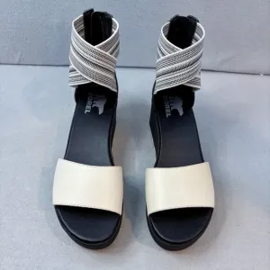 Sorel Cameron Flatform Ankle Strap Wedge Sandals Leather Off White &amp; Black SZ 9