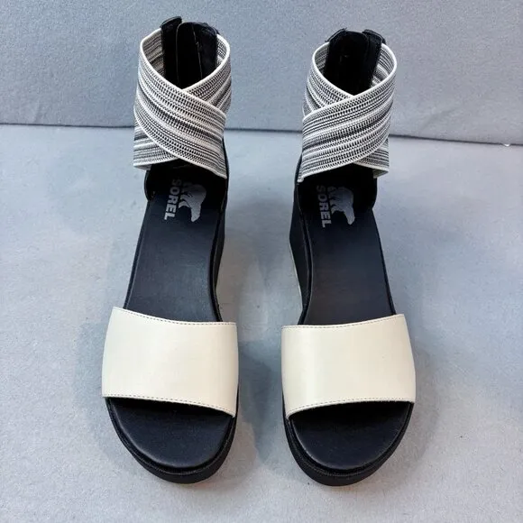 Sorel Cameron Flatform Ankle Strap Wedge Sandals Leather Off White &amp; Black SZ 9