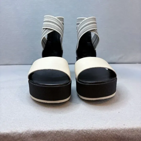 Sorel Cameron Flatform Ankle Strap Wedge Sandals Leather Off White &amp; Black SZ 9