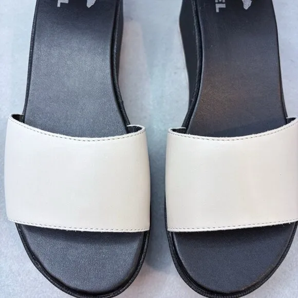 Sorel Cameron Flatform Ankle Strap Wedge Sandals Leather Off White &amp; Black SZ 9
