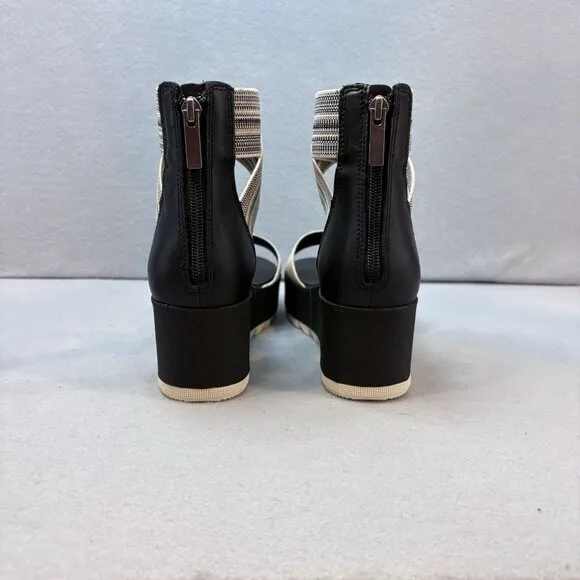 Sorel Cameron Flatform Ankle Strap Wedge Sandals Leather Off White &amp; Black SZ 9