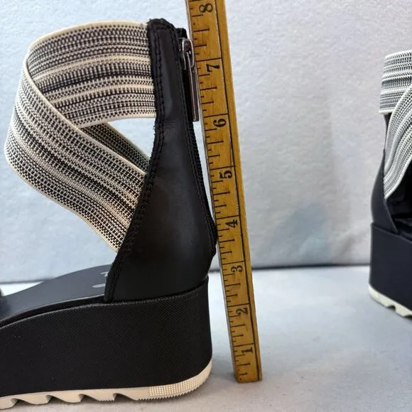 Sorel Cameron Flatform Ankle Strap Wedge Sandals Leather Off White &amp; Black SZ 9