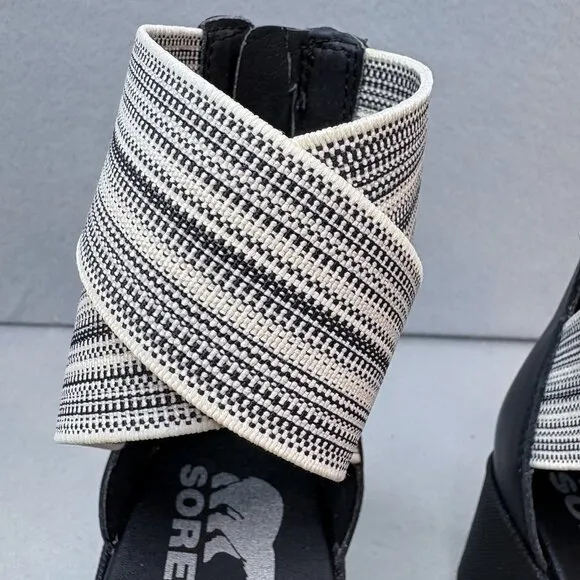 Sorel Cameron Flatform Ankle Strap Wedge Sandals Leather Off White &amp; Black SZ 9