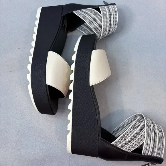 Sorel Cameron Flatform Ankle Strap Wedge Sandals Leather Off White &amp; Black SZ 9