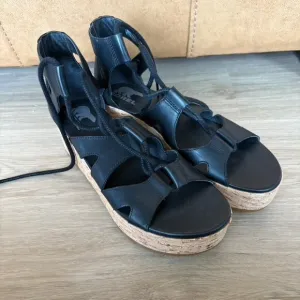 Sorel | Cameron Flatform Lace Leather Sandals Black Sz 9 NL4625-010