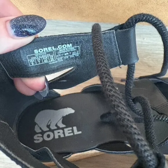 Sorel | Cameron Flatform Lace Leather Sandals Black Sz 9 NL4625-010