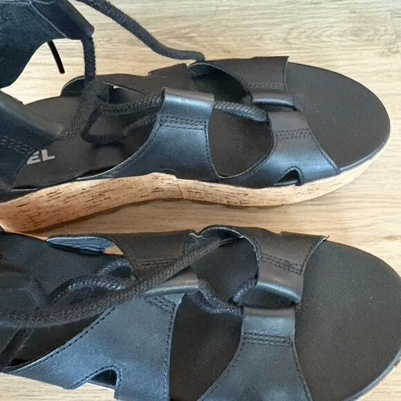 Sorel | Cameron Flatform Lace Leather Sandals Black Sz 9 NL4625-010