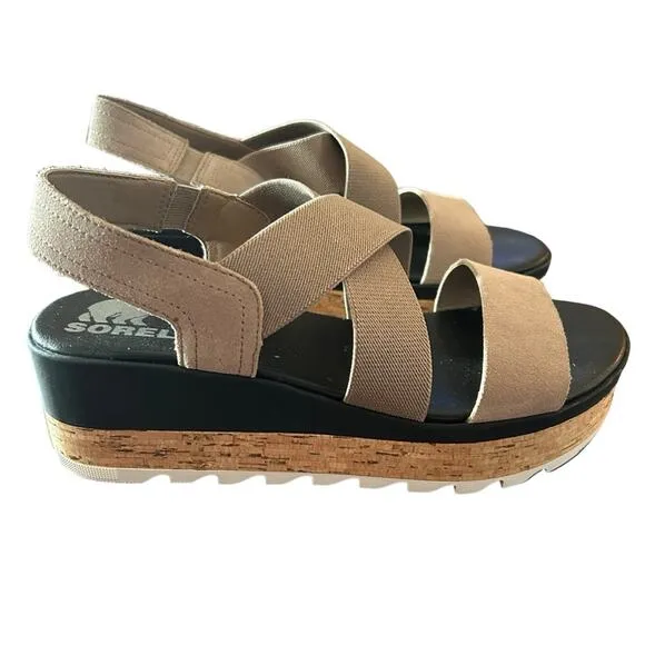 Sorel Cameron Flatform Wedge Slingback Cork Platform Banded Straps NEW Size 9