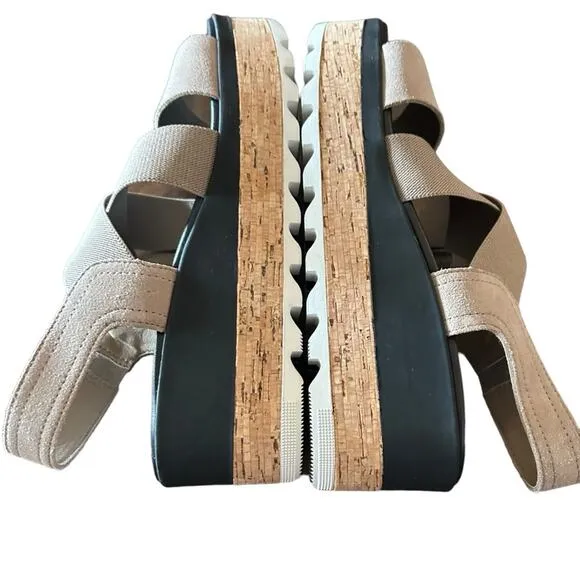 Sorel Cameron Flatform Wedge Slingback Cork Platform Banded Straps NEW Size 9