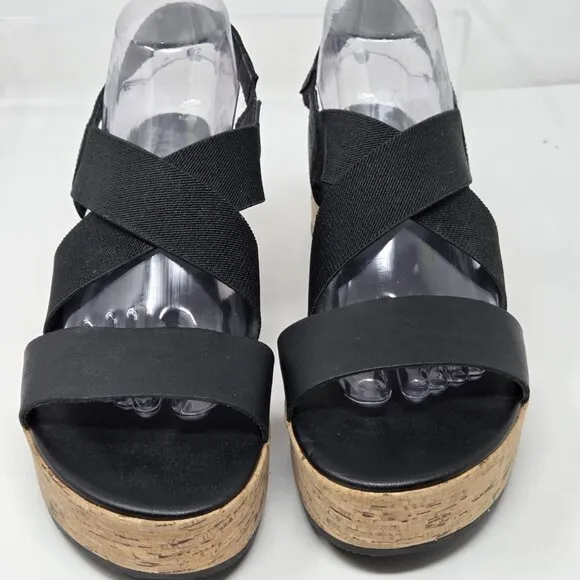Sorel Cameron Wedge Slingback Sandals Womens Size 9.5 Black Straps Cork Platform