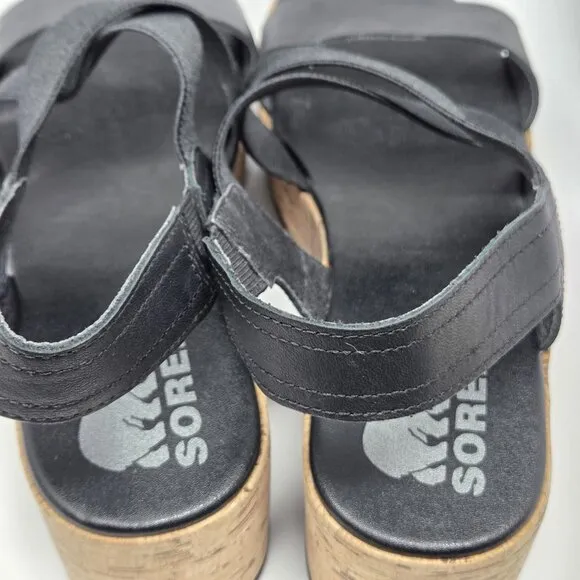 Sorel Cameron Wedge Slingback Sandals Womens Size 9.5 Black Straps Cork Platform