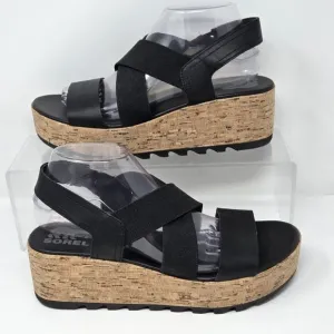 Sorel Cameron Wedge Slingback Sandals Womens Size 9.5 Black Straps Cork Platform