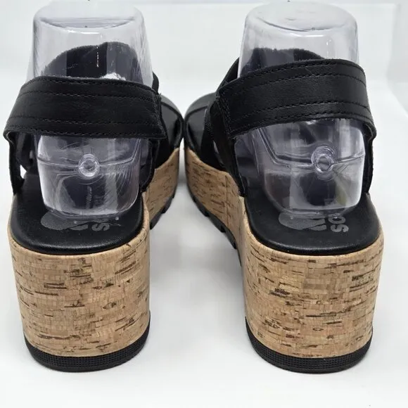 Sorel Cameron Wedge Slingback Sandals Womens Size 9.5 Black Straps Cork Platform