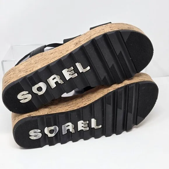 Sorel Cameron Wedge Slingback Sandals Womens Size 9.5 Black Straps Cork Platform