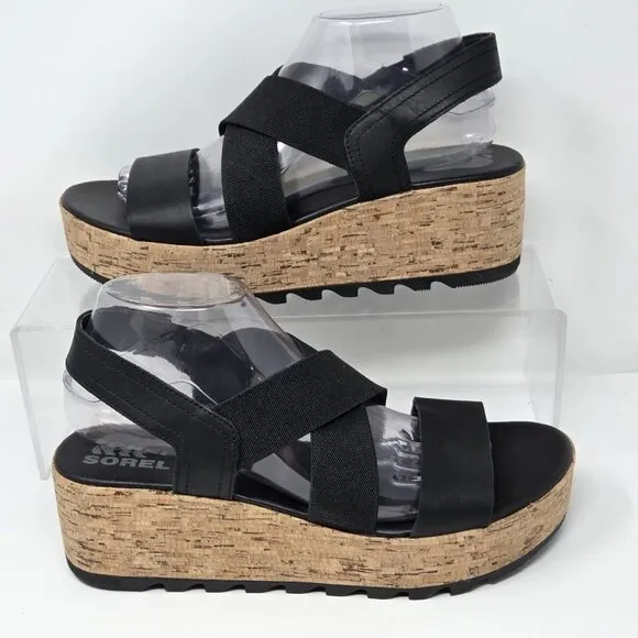 Sorel Cameron Wedge Slingback Sandals Womens Size 9.5 Black Straps Cork Platform