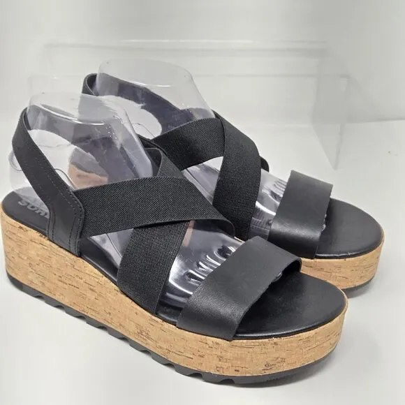 Sorel Cameron Wedge Slingback Sandals Womens Size 9.5 Black Straps Cork Platform
