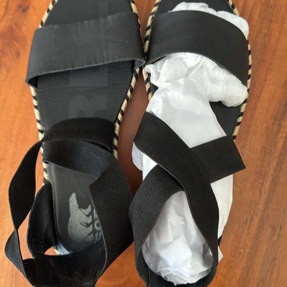 Sorel Ella I Black Leather Arrow Chevron Jute Espadrille Elastic Sandal EUC SZ 9