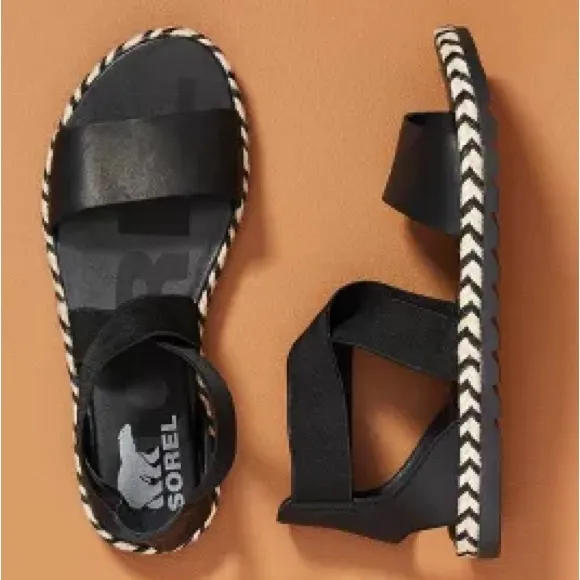 Sorel Ella I Black Leather Arrow Chevron Jute Espadrille Elastic Sandal EUC SZ 9