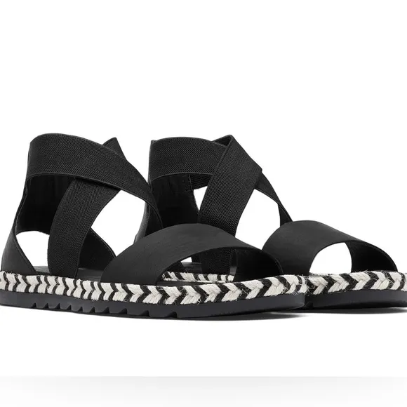 Sorel Ella I Black Leather Arrow Chevron Jute Espadrille Elastic Sandal EUC SZ 9