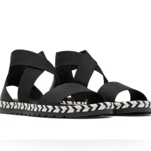 Sorel Ella I Black Leather Arrow Chevron Jute Espadrille Elastic Sandal EUC SZ 9
