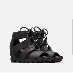 Sorel Joanie II all black lace up wedge sandals 7