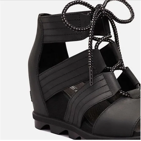 Sorel Joanie II all black lace up wedge sandals 7