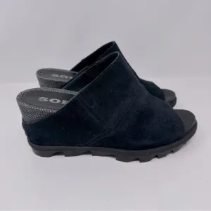 Sorel Joanie II Slide Sandals Wedge Suede Leather Black Size 6