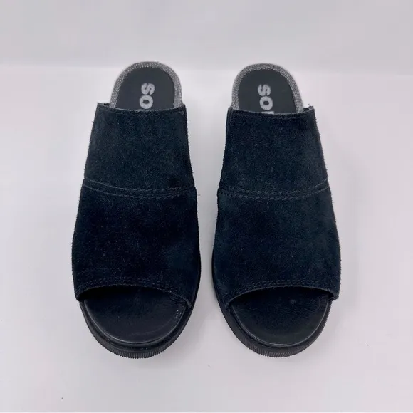 Sorel Joanie II Slide Sandals Wedge Suede Leather Black Size 6