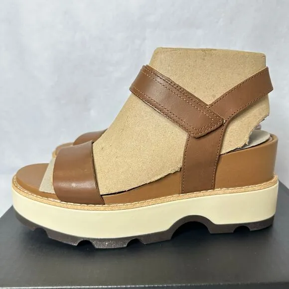 Sorel Joanie IV Y Strap Wedge Platform Sandals Tan Brown Leather Size 8.5 NEW