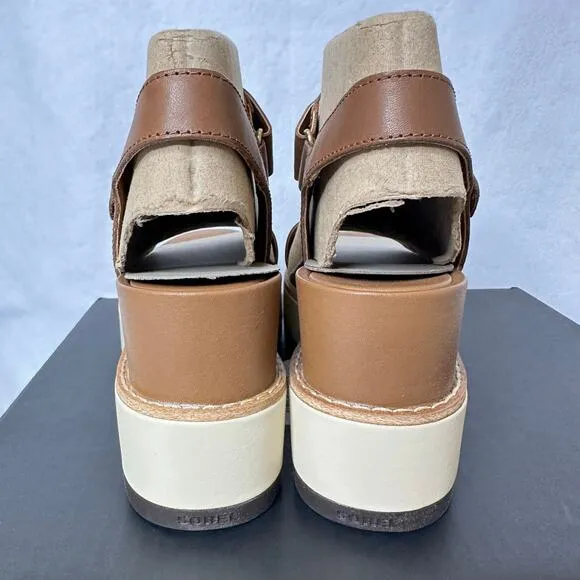 Sorel Joanie IV Y Strap Wedge Platform Sandals Tan Brown Leather Size 8.5 NEW