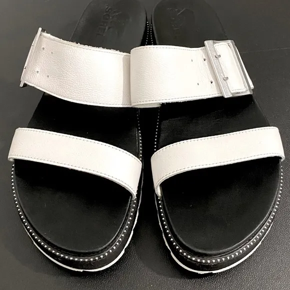 Sorel Roaming Big Buckle Slide Sandals Leather 90s Chunky Beaded Studded Neutral