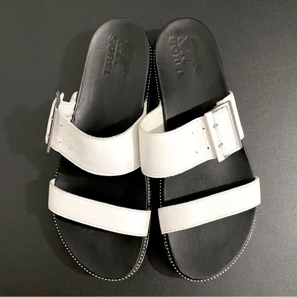 Sorel Roaming Big Buckle Slide Sandals Leather 90s Chunky Beaded Studded Neutral